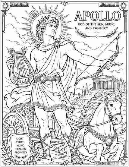 Black-and-white Apollo coloring page showing the Greek god of the sun holding a lyre and bow, standing beside a sun chariot horse with sun rays, an ancient Greek temple, and mythology-themed details in a printable coloring sheet for kids.