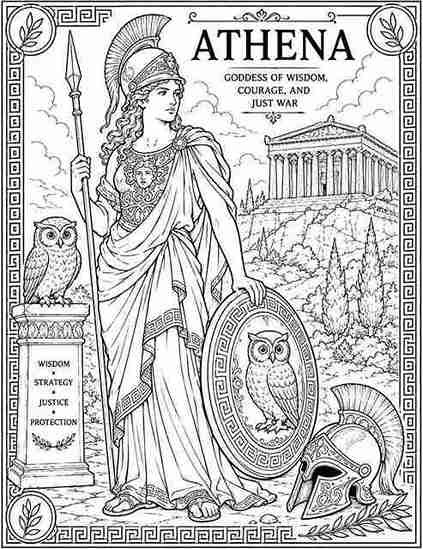 Black-and-white Athena coloring page showing the Greek goddess of wisdom holding a spear and owl-decorated shield, with her sacred owl, warrior helmet, ancient Greek temple, and mythology-themed details in a printable coloring sheet for kids.