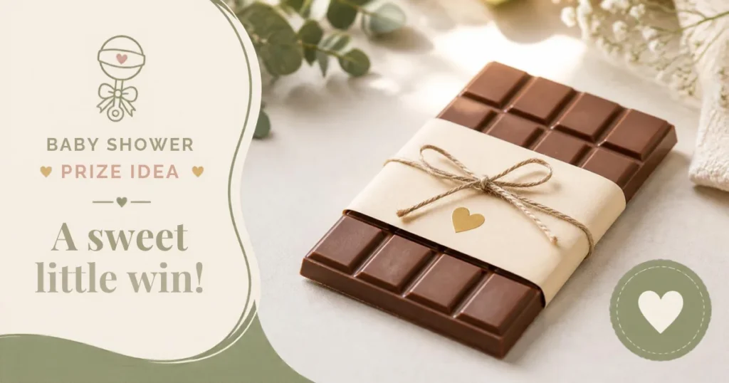 Full-size chocolate bar wrapped in a simple paper band as an affordable baby shower game prize