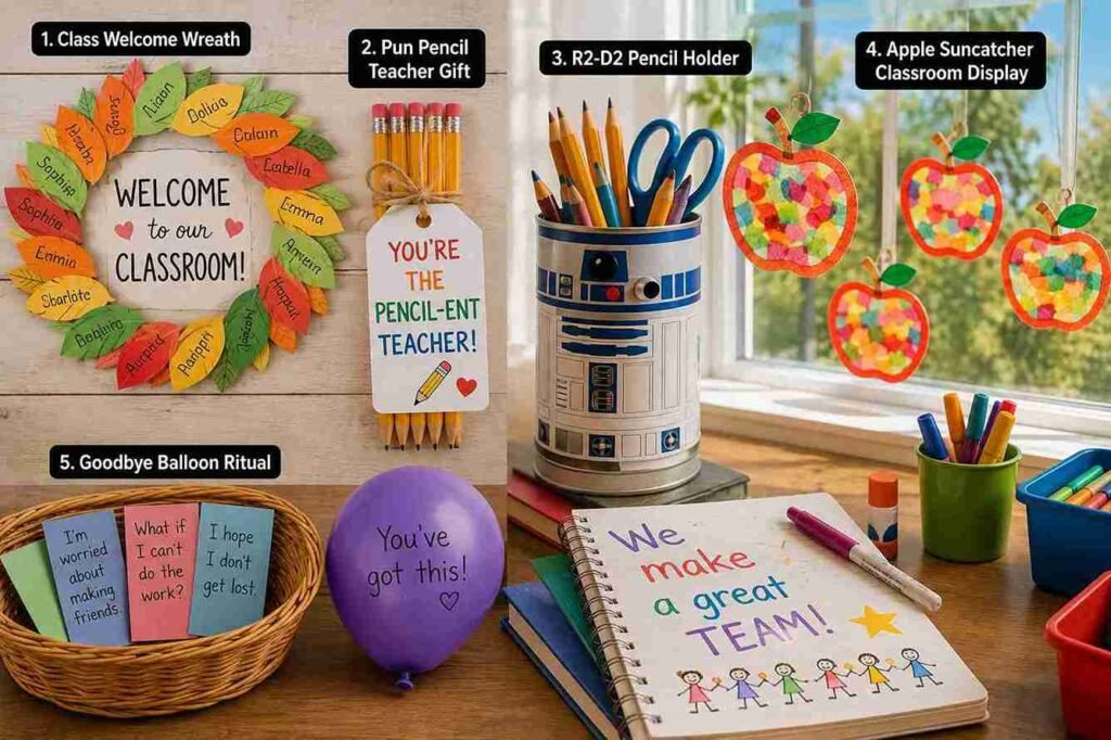 Back-to-school classroom craft ideas including a welcome wreath, teacher pencil gift, R2-D2 pencil holder, apple suncatchers, and a goodbye balloon activity displayed in a colorful classroom.