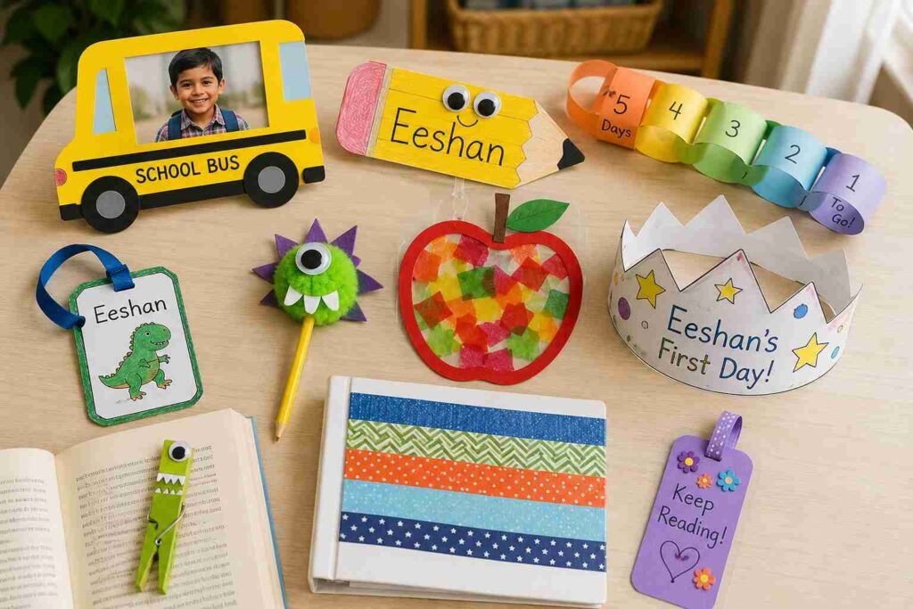 Kindergarten back-to-school crafts displayed on a table, including a school bus photo frame, pencil name craft, paper chain countdown, backpack tag, monster pencil topper, apple suncatcher, first day crown, clothespin bookmark, and washi tape binder cover.