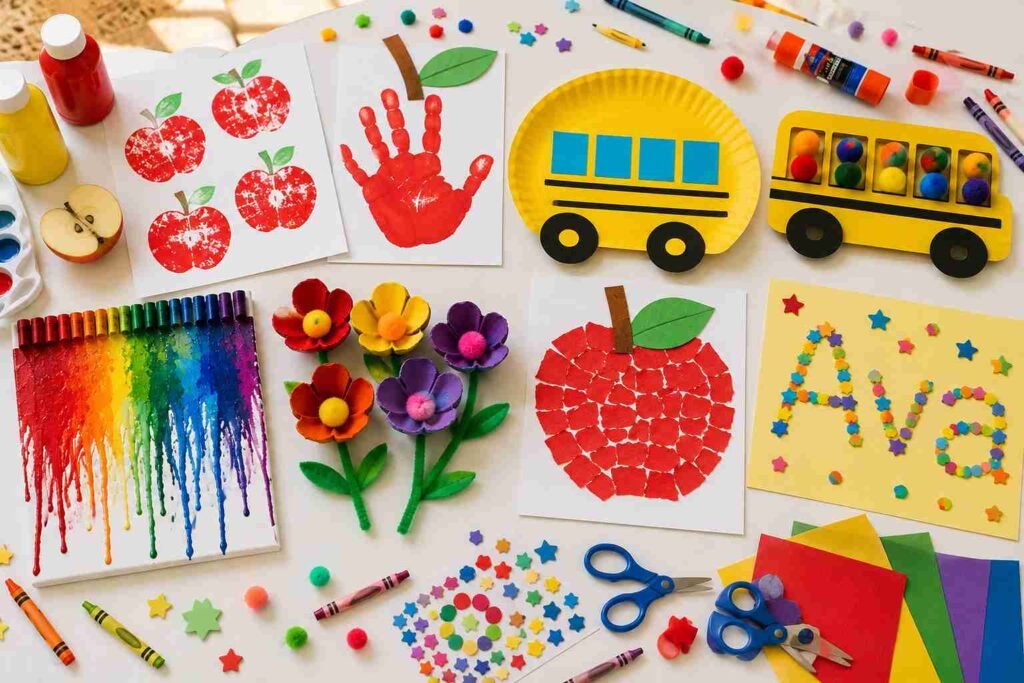 Colorful back-to-school crafts for toddlers and preschoolers displayed on a white craft table, including apple stamp prints, a handprint apple, paper plate school buses, crayon melt art, egg carton flowers, a torn paper apple collage, and a sticker name activity with kid-friendly craft supplies.