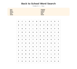 Back to school word search, grades K-1