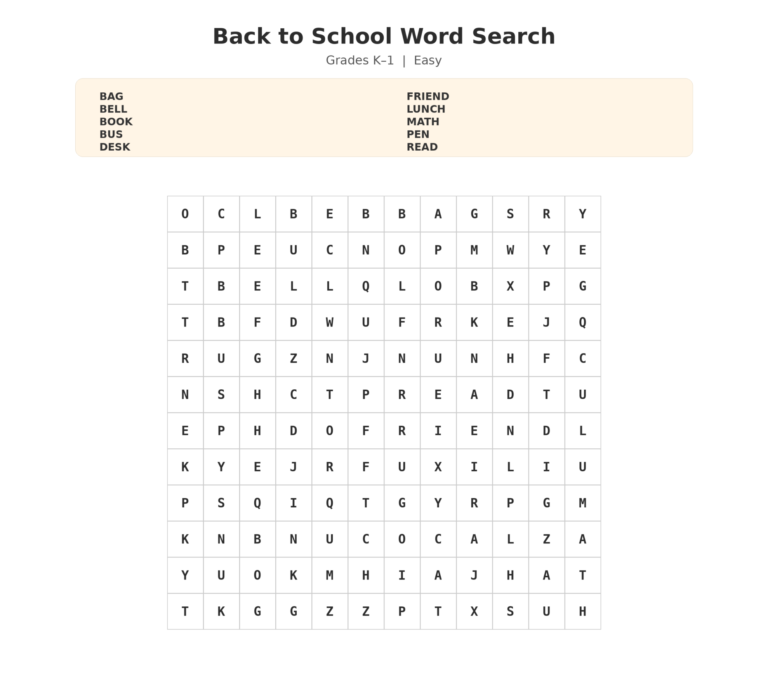 Back to school word search, grades K-1