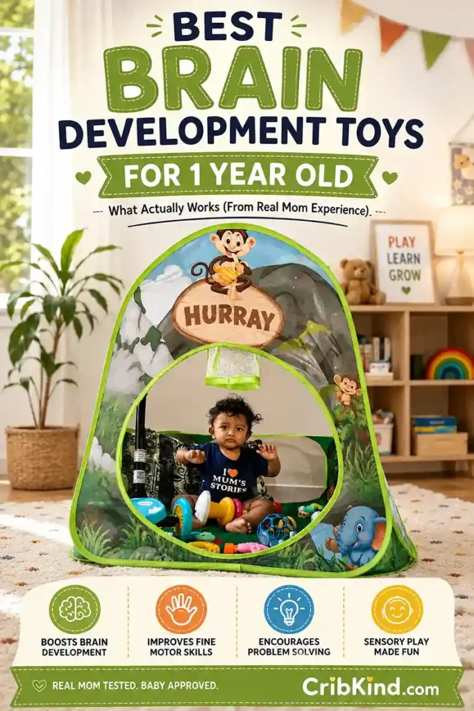 One year old baby playing with colorful toys inside a jungle themed play tent, representing the best brain development toys for 1 year olds that support sensory play, fine motor skills, and problem solving.