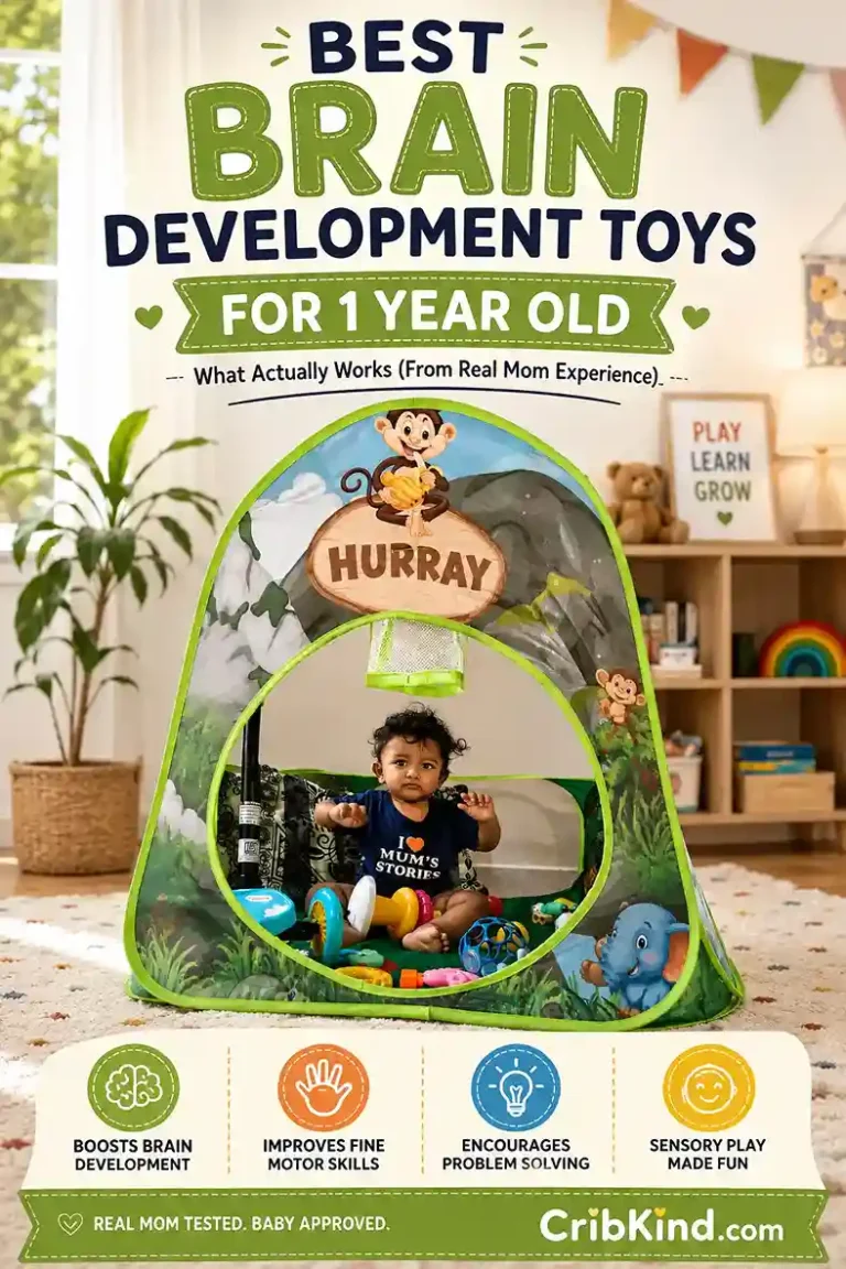 One year old baby playing with colorful toys inside a jungle themed play tent, representing the best brain development toys for 1 year olds that support sensory play, fine motor skills, and problem solving.