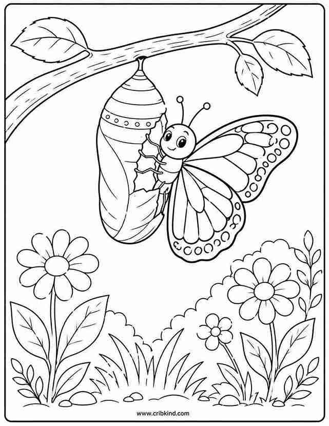 Butterfly emerging from chrysalis coloring pages