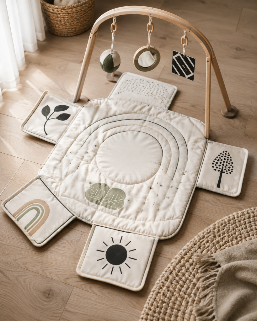 Lovevery Play Gym with natural wooden arch hanging toys black and white cards and patterned developmental mat on light wood floor