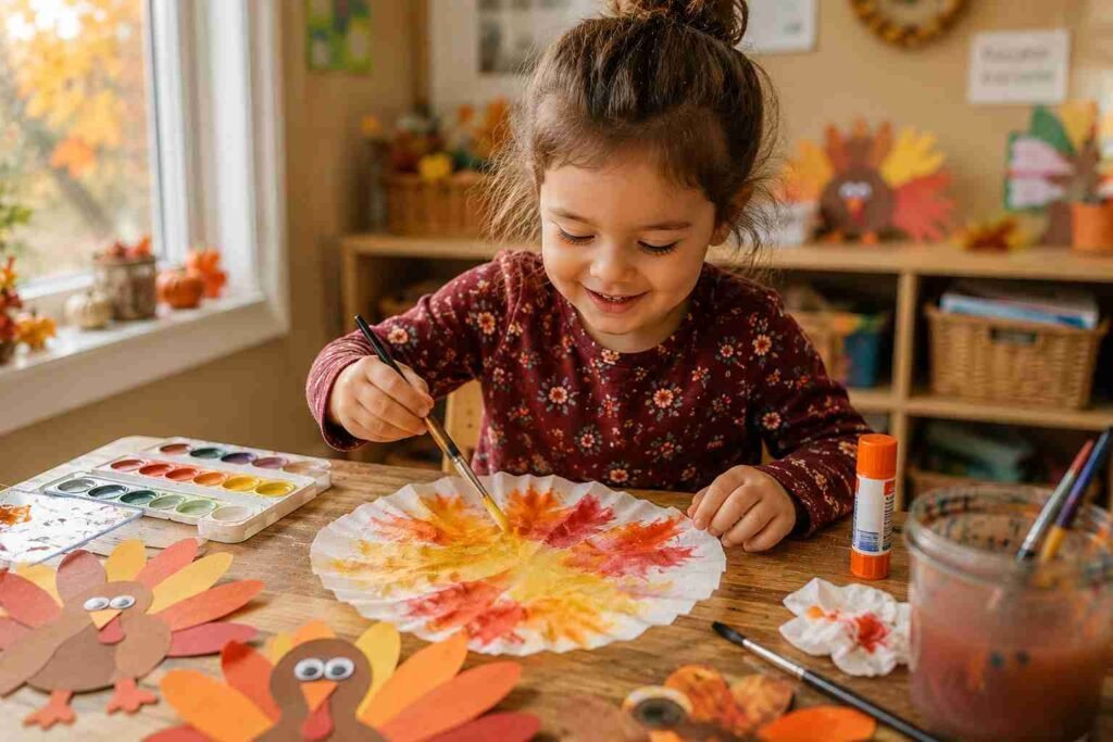 Preschooler painting a coffee filter with orange, yellow, and red watercolors to create a colorful Thanksgiving turkey craft at a wooden craft table.