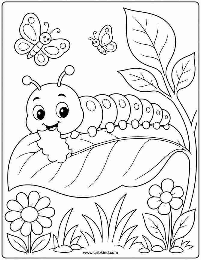 Cute caterpillar coloring page eating leaf