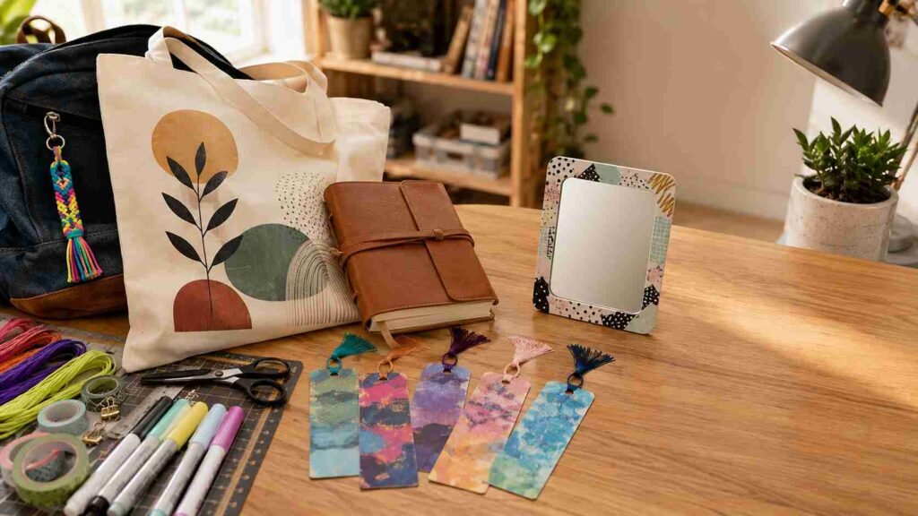 Modern DIY back-to-school projects for tweens and teens, including a custom canvas tote bag, leather journal, boondoggle keychain, gel-print bookmarks, decorated locker mirror, and creative school supplies on a wooden desk.