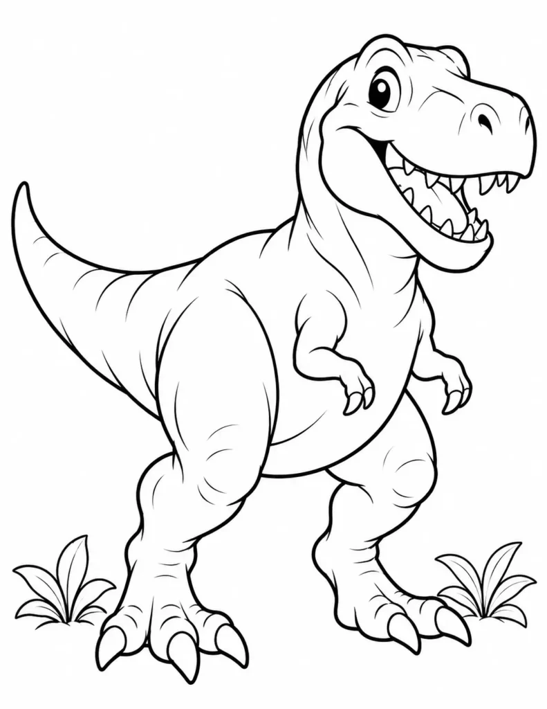 Friendly Tyrannosaurus rex coloring page with a smiling dinosaur, open mouth, tiny arms, and leafy plants.