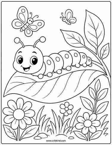 Cute caterpillar coloring page featuring a smiling caterpillar crawling on a large leaf with flowers, grass, and butterflies in a nature scene.