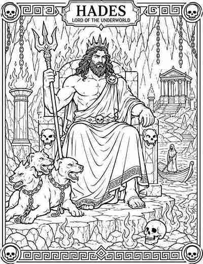 Black-and-white Hades coloring page showing the Greek god of the Underworld seated on a stone throne holding a scepter, with Cerberus the three-headed dog, ancient ruins, flames, and underworld scenery in a printable coloring sheet for kids.