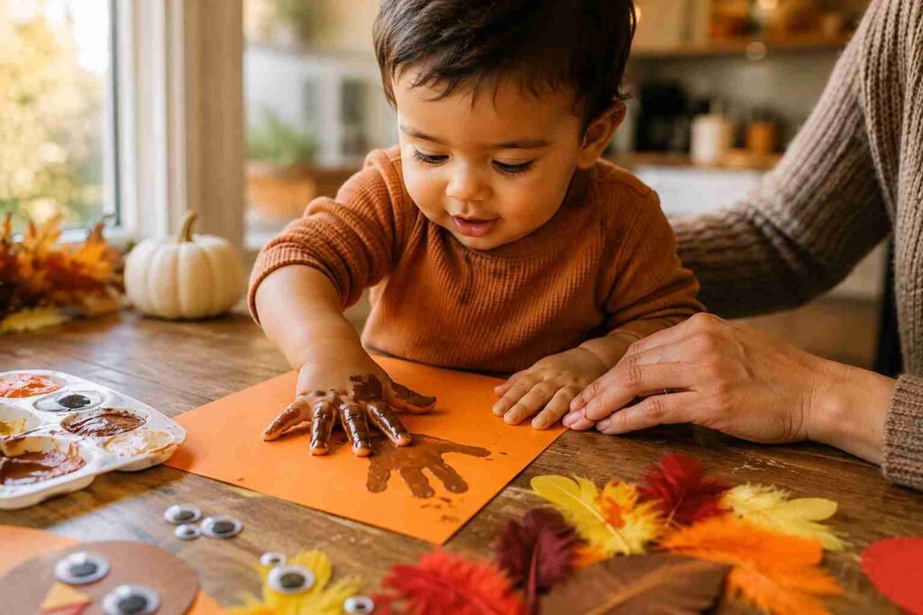 Toddler making a brown handprint turkey craft on orange construction paper with washable paint and Thanksgiving craft supplies on a kitchen table.