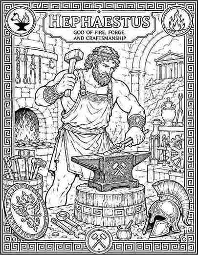 Black-and-white Hephaestus coloring page showing the Greek god of fire and craftsmanship working at a forge with an anvil, hammer, furnace, blacksmith tools, warrior helmet, and ancient workshop details in a printable coloring sheet for kids.