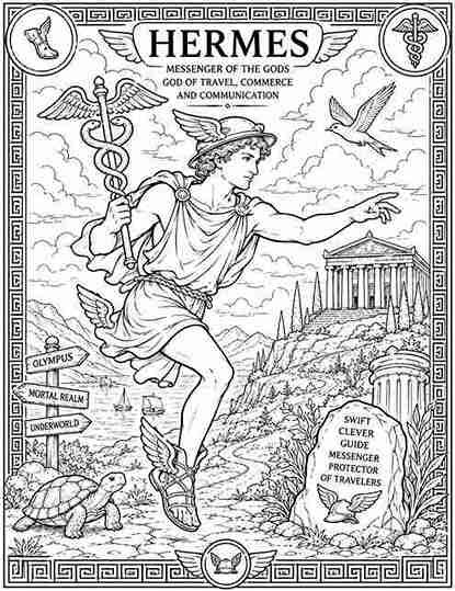 Black-and-white Hermes coloring page showing the Greek messenger god with winged sandals, winged helmet, and caduceus staff, surrounded by Mount Olympus scenery, directional signposts, and Greek mythology-themed details in a printable coloring sheet for kids.