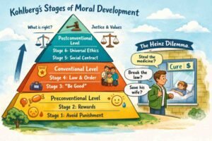 Illustration showing Kohlberg’s stages of moral development with the Heinz dilemma example
