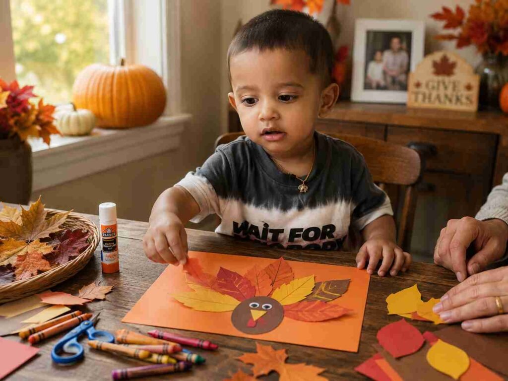 Toddler arranging colorful leaf-shaped paper cutouts to make a Thanksgiving turkey craft on orange construction paper at a cozy kitchen table.