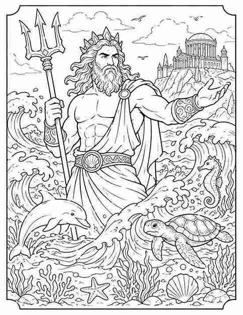 Black-and-white Poseidon coloring page showing the Greek god of the sea holding a trident among ocean waves, with a dolphin, sea turtle, seahorse, coral, shells, and underwater scenery, printable coloring sheet for kids.