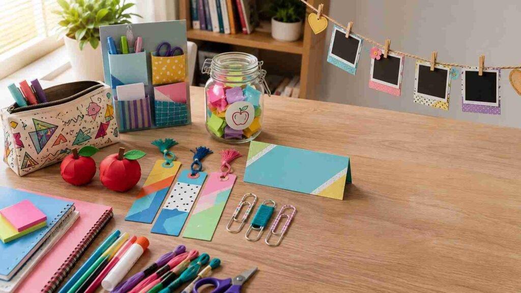 DIY back-to-school crafts for older elementary kids, including a decorated pencil case, apple stress balls, bookmarks, locker organizer pockets, a worry jar, photo memory garland, and desk accessories on a wooden study desk.