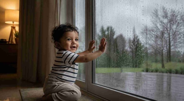 Toddler watching rain through a patio door during a cozy rainy day indoors