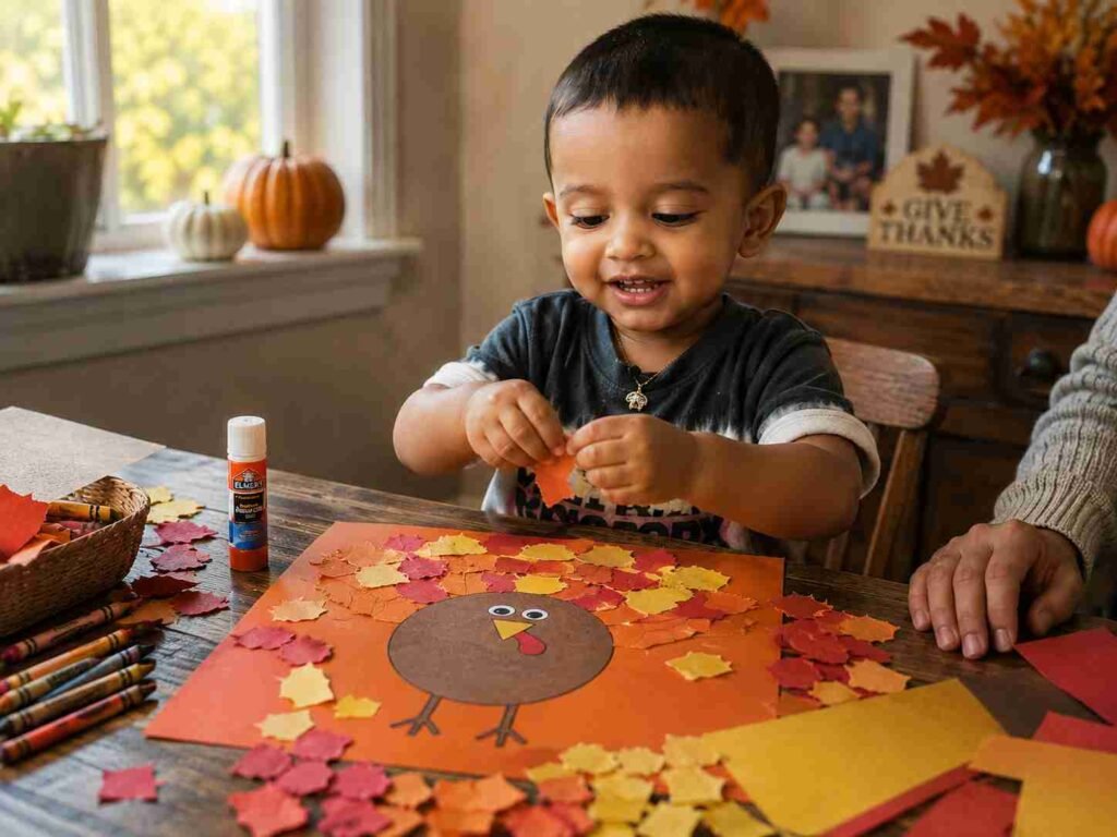 Toddler tearing colorful construction paper to make a Thanksgiving turkey feather collage on orange construction paper.