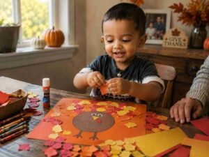 Toddler tearing colorful construction paper to make a Thanksgiving turkey feather collage on orange construction paper.