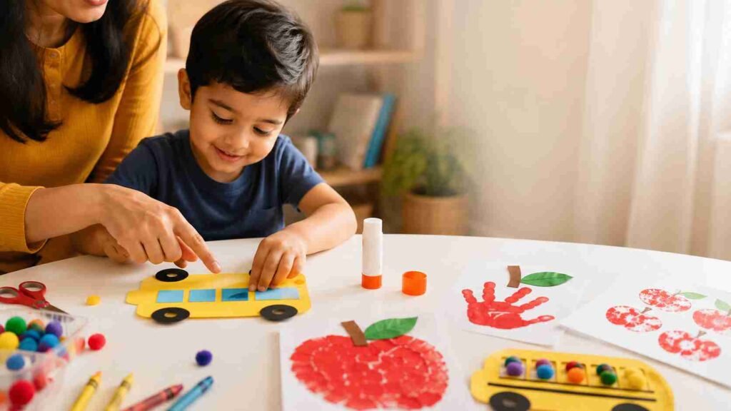 Parent helping a preschooler make a paper school bus craft at a table with colorful back-to-school art supplies and handmade projects, preparing for the first day of school.