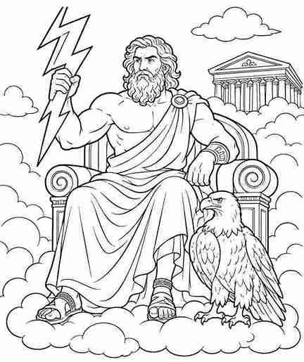 Black-and-white Zeus coloring page showing Zeus seated on a cloud throne holding a large lightning bolt with an eagle at his feet, printable Greek mythology coloring sheet for kids.