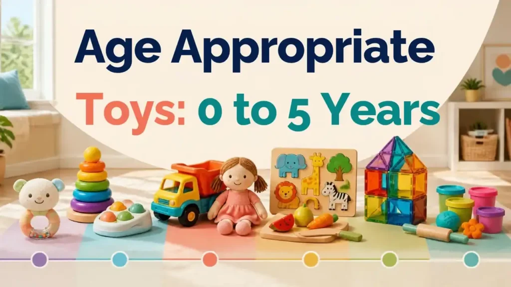 Age appropriate toys for children from birth to 5 years with stacking toys, truck, doll, puzzle, pretend play and modeling dough