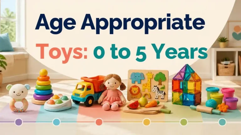 Age appropriate toys for children from birth to 5 years with stacking toys, truck, doll, puzzle, pretend play and modeling dough