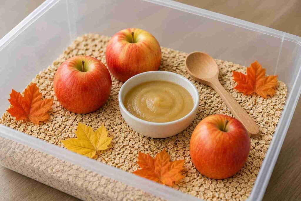 Apple sensory bin with whole apples, unsweetened applesauce, and a wooden spoon for babies aged 6 to 12 months