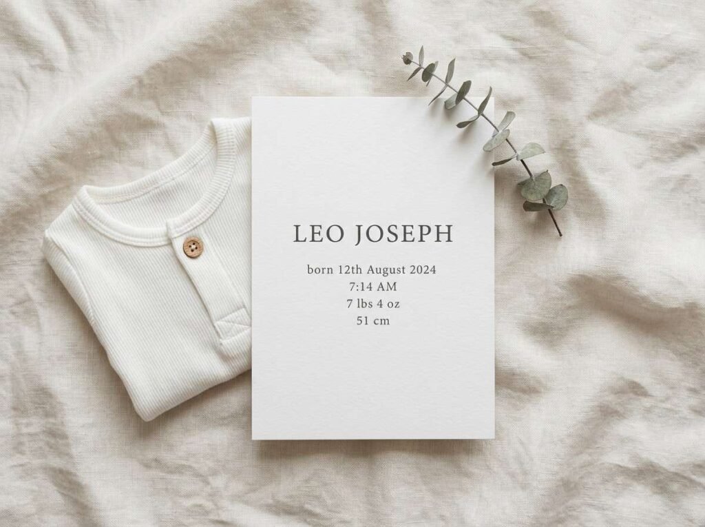 Baby announcement stats card with name date weight and length next to a folded white newborn onesie on linen fabric