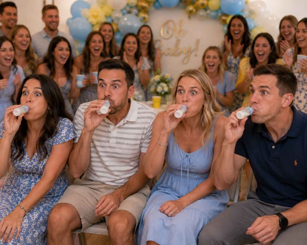  Adults racing to chug juice from baby bottles at a coed baby shower game