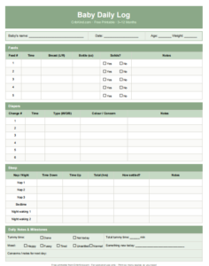 A parent writing in a newborn daily log while baby is in a bassinet nearby