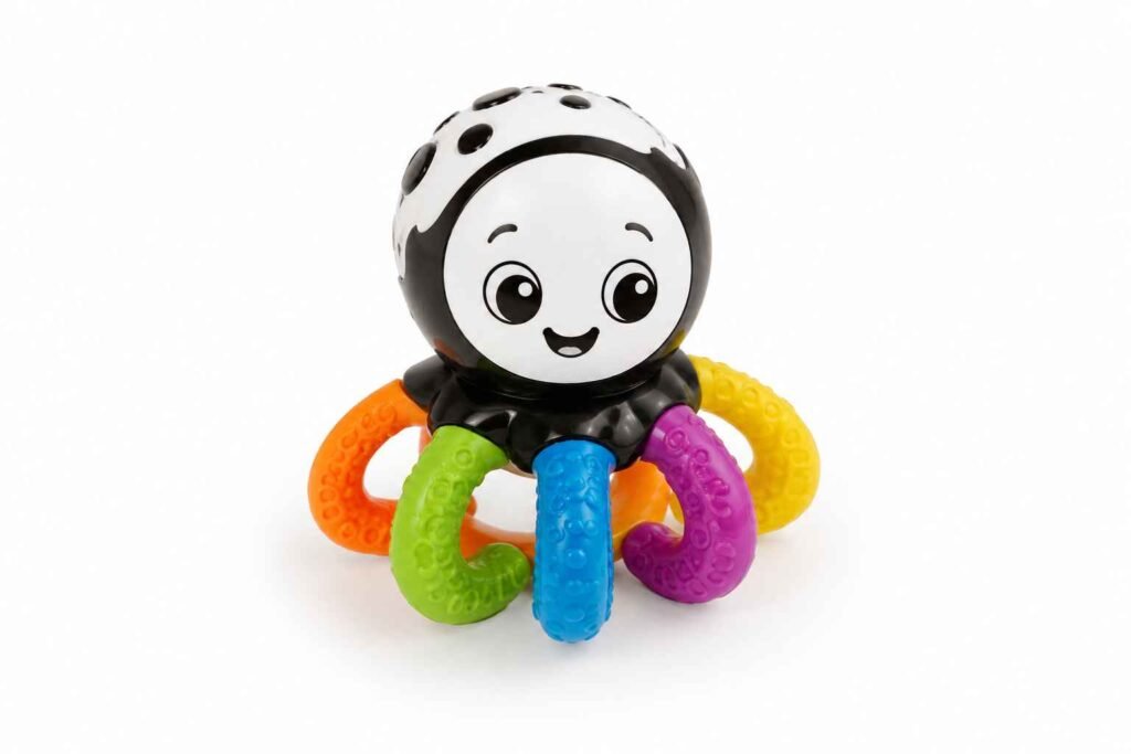 Baby Einstein Opus the Octopus rattle and teether with high contrast black and white face and textured bumpy body for 3 month old visual tracking and early teething