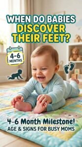 4-month-old baby joyfully grabbing toes during tummy time milestone with big smile