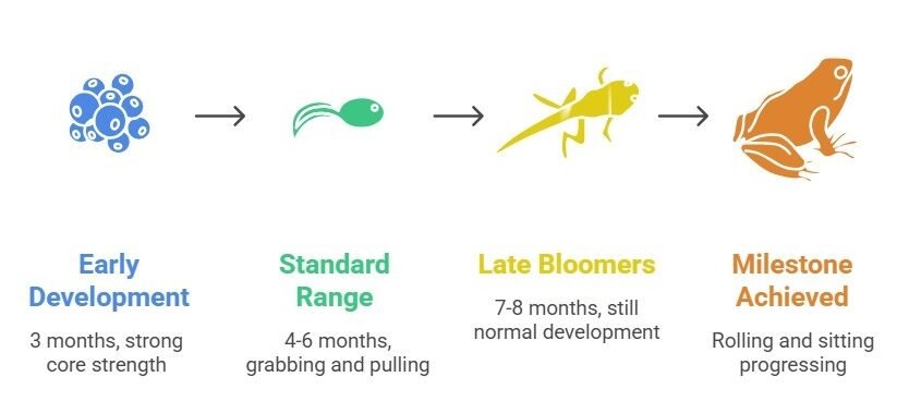 Three babies showing feet discovery milestone stages from 3 months early bird to 4-6 months standard range to 7-8 months late bloomer