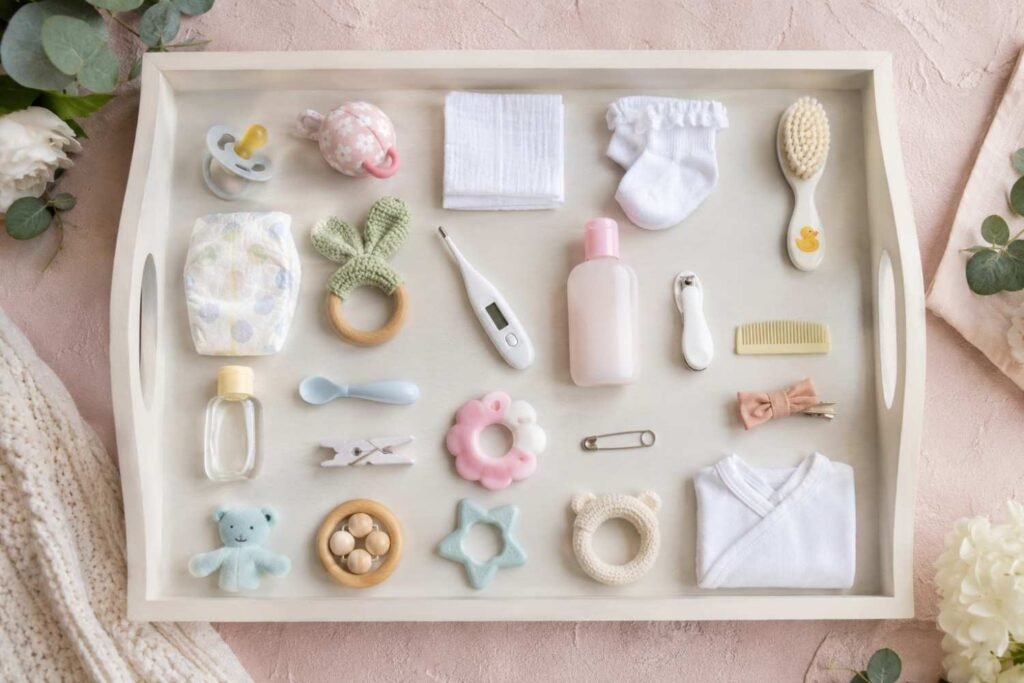 White tray filled with small baby items including pacifier rattle sock and nail clipper for the Baby Item Memory Tray baby shower game