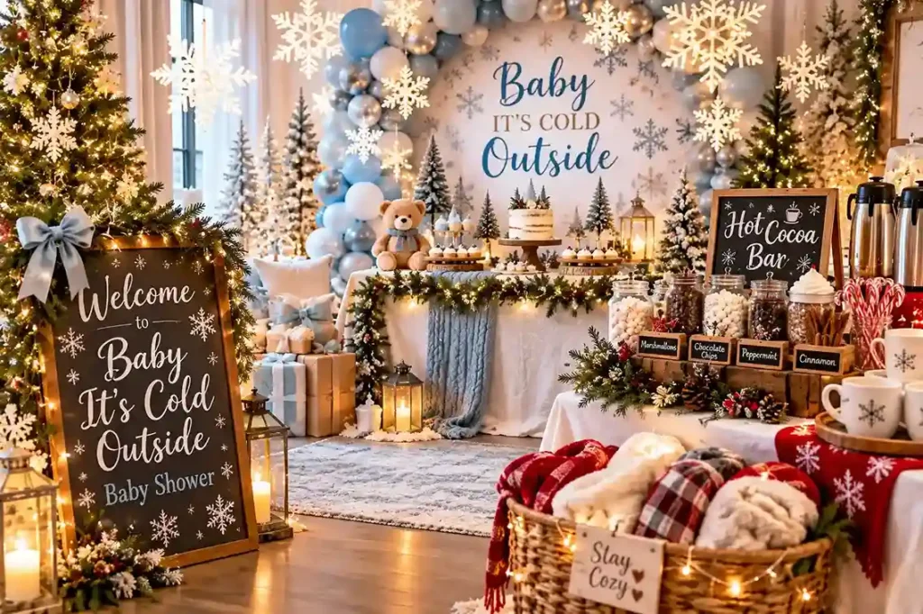 Baby It's Cold Outside baby shower with snowflakes, blue and white balloons, cozy blankets, candles, and a hot cocoa bar.