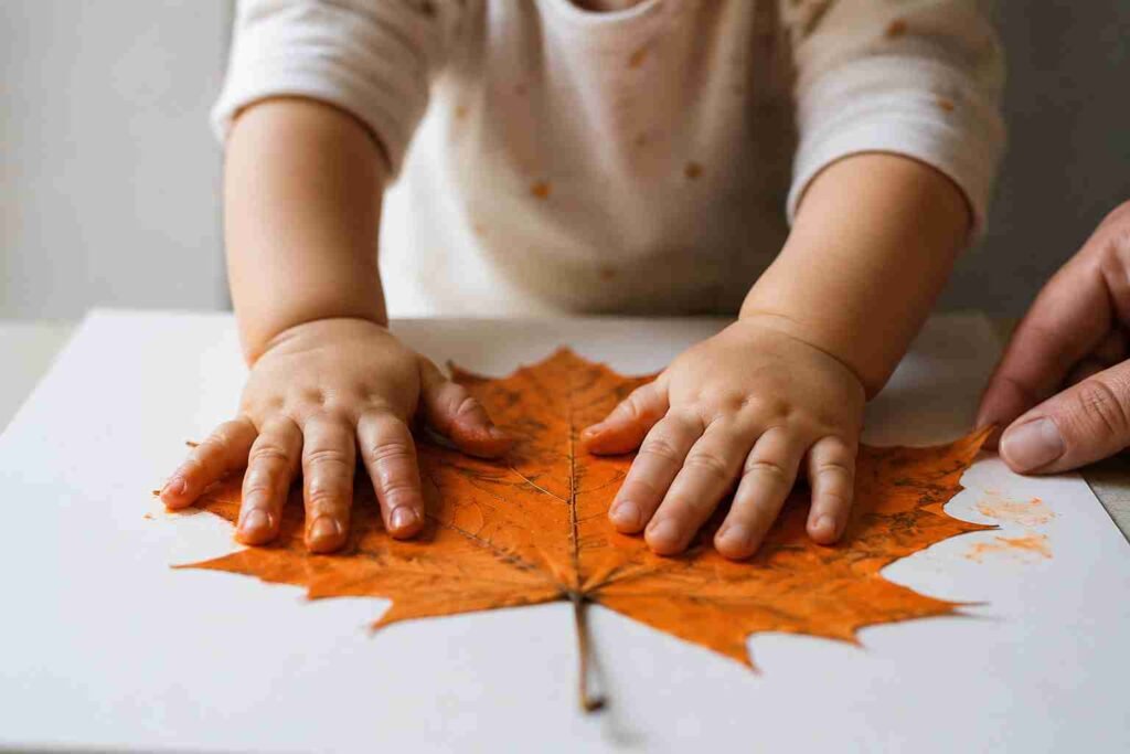 A baby's hands pressing a painted maple leaf onto white paper for a fall leaf craft