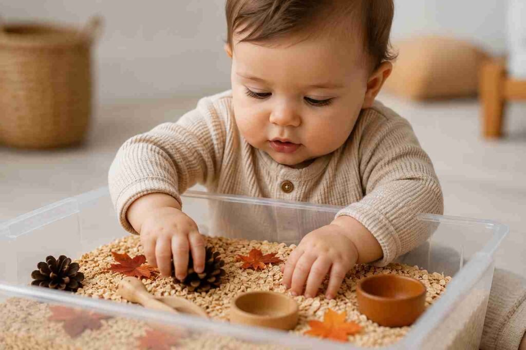 A baby exploring a taste-safe oat sensory bin with a wooden spoon