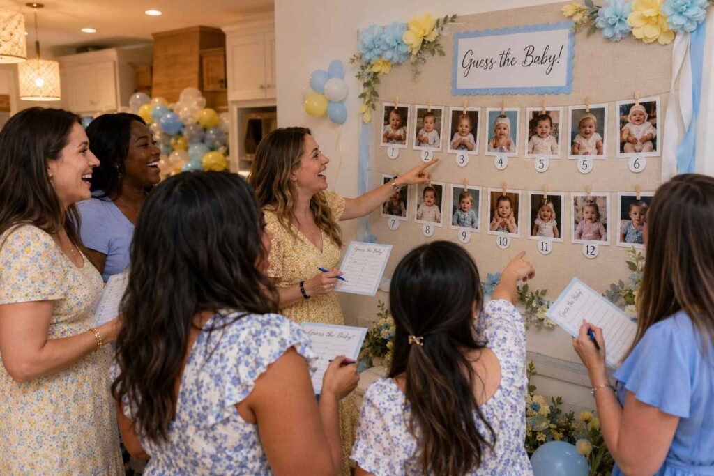 Guests guessing baby photos pinned on wall at a coed baby shower icebreaker game