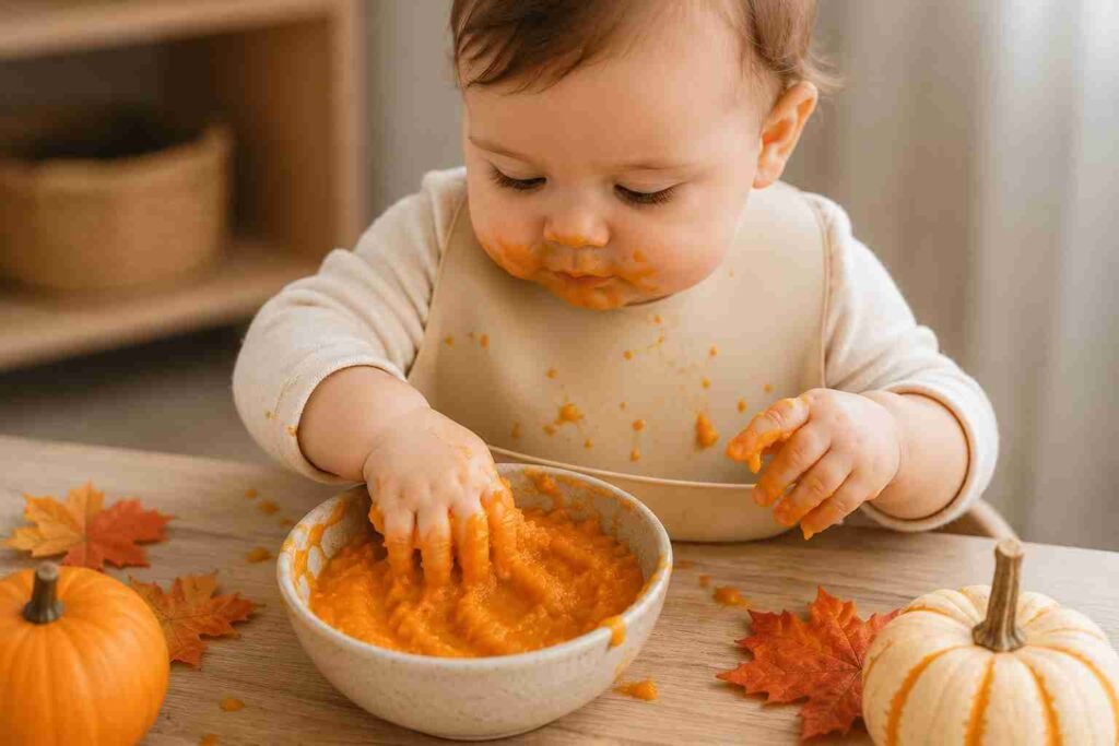 A baby playing with pumpkin puree in a fall sensory activity