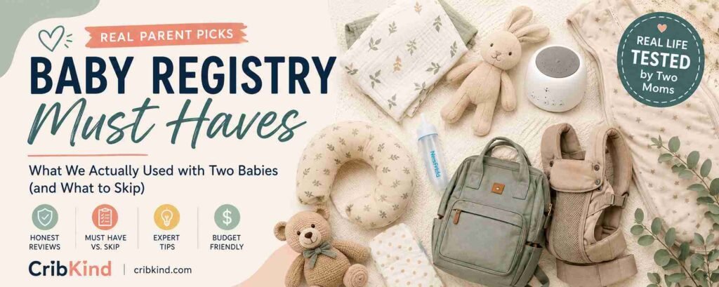 CribKind Baby Registry Must Haves banner featuring baby essentials including swaddles, a white noise machine, baby carrier, nursing pillow, diaper bag, and other newborn items.