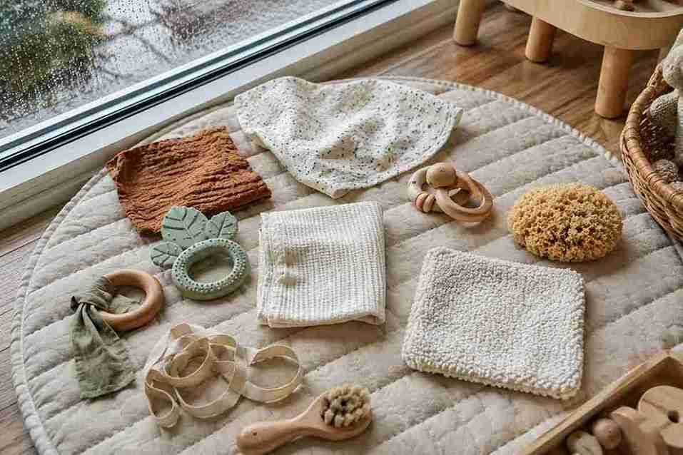 Flat lay of baby-safe sensory textures on a soft play mat beside a rainy window for Montessori-inspired indoor sensory play.