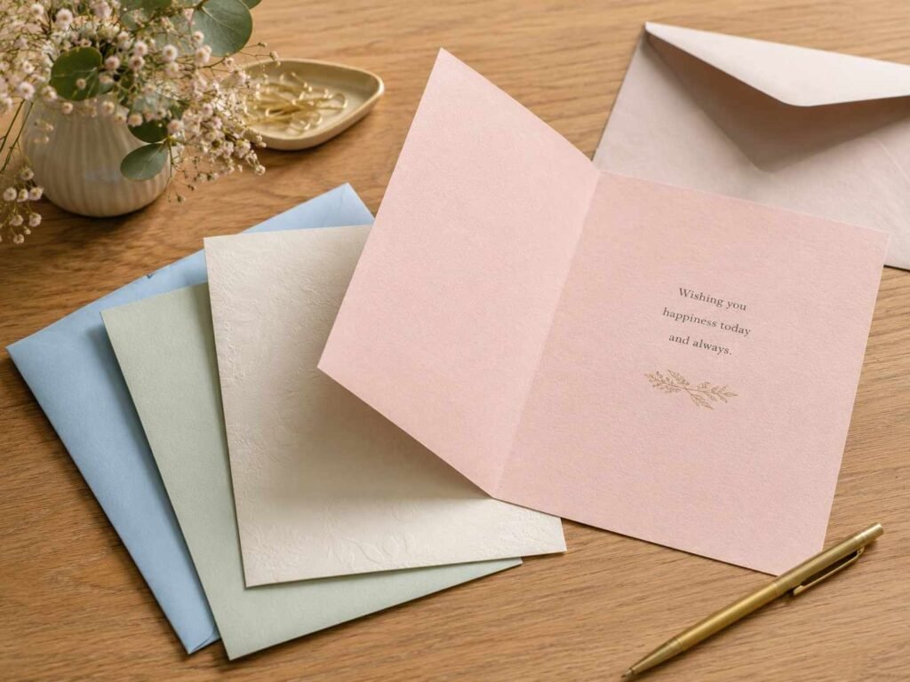 A stack of baby shower cards with envelopes on a wooden table showing different designs