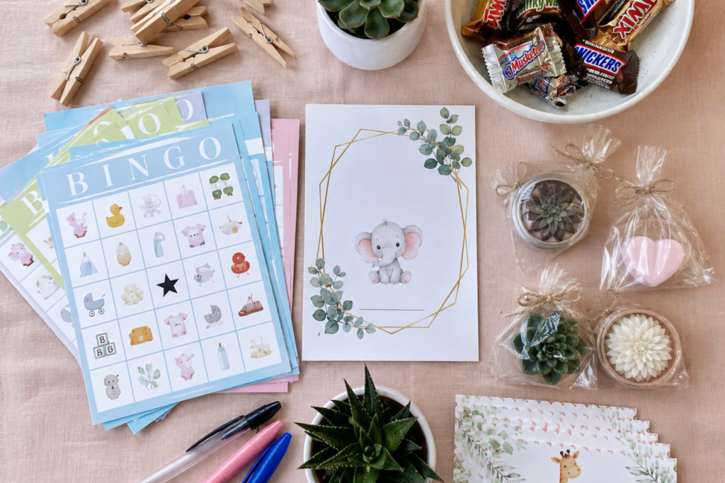 Flat lay of baby shower game supplies including bingo cards, clothespins, pens, and small prizes on a pastel table 