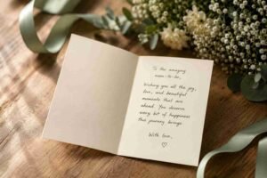 Open baby shower card with a handwritten quote and flowers on a wooden table